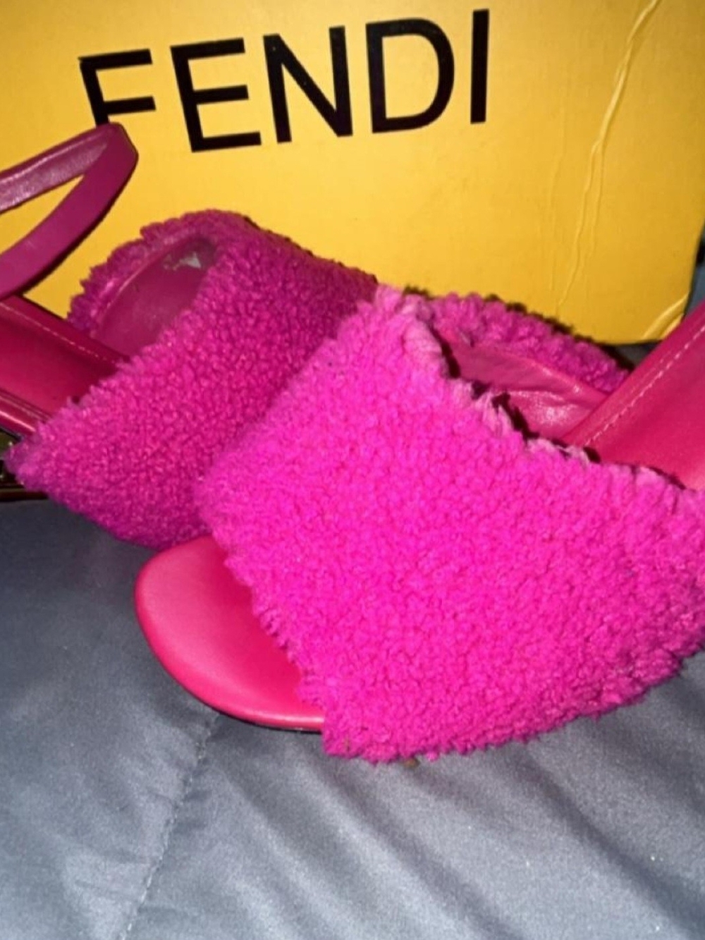 Fendi Hot Pink Shearling Slingback Heels - Picture 3 of 8